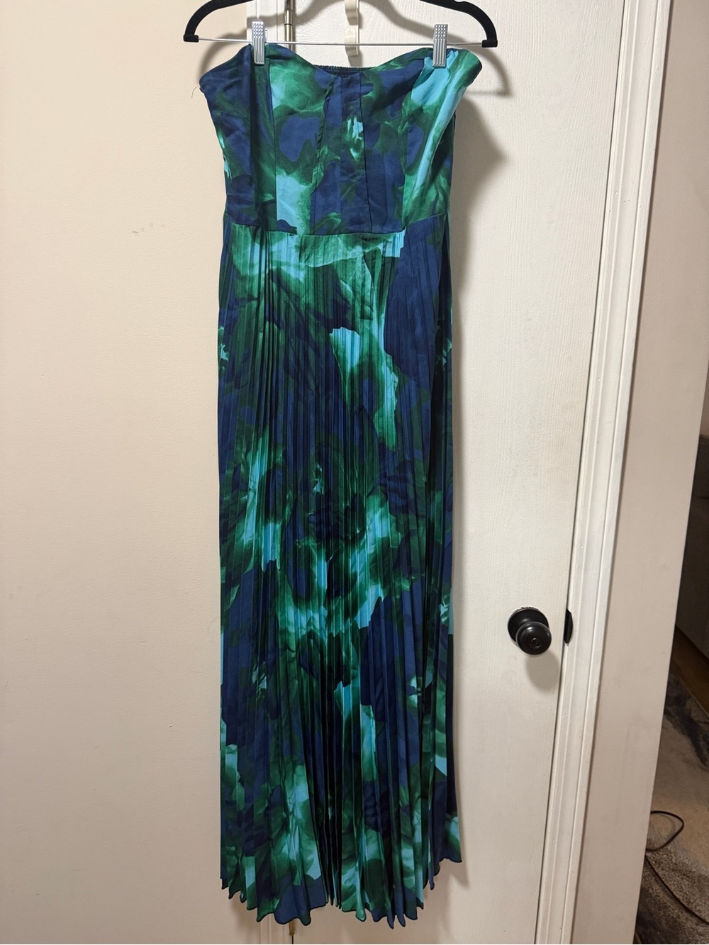Strapless Pleated Maxi Dress in Blue-Green Print